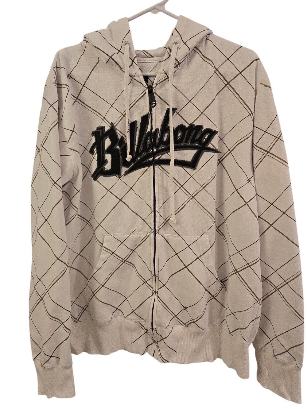 BILLABONG Y2K DIAMOND PRINT FULL-ZIP SPELL OUT FLEECE LINED HOODIE SIZE X- LARGE